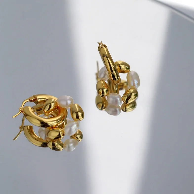 Gold Bean Hoops Pearl Earring Gold Vermeil