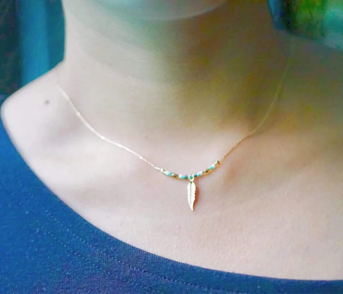 Gold Feather Necklace, Gold Dipped Feather Charm (SN77)
